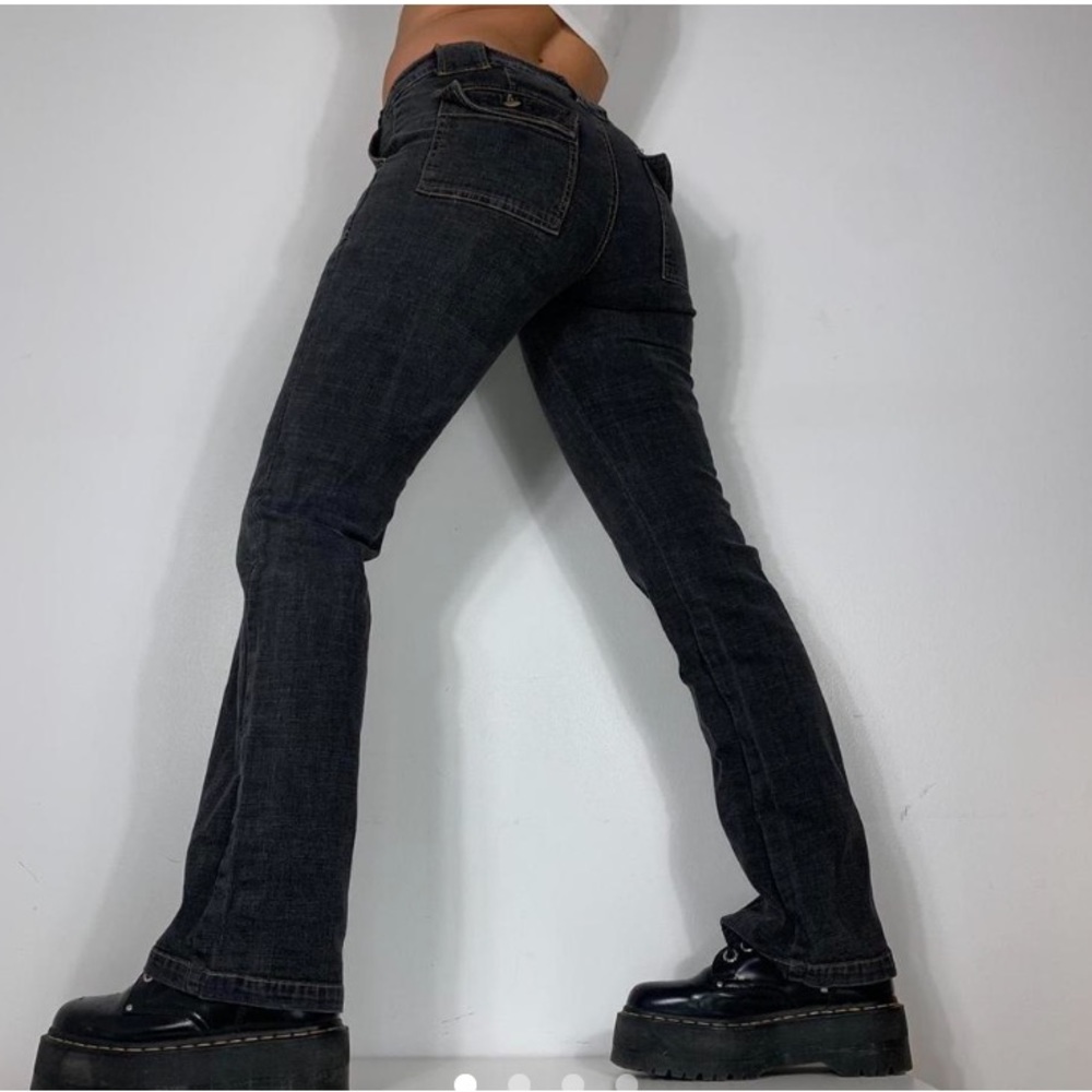 VINTAGE DARK WASH BELTED HIGH WAISTED FLARED BOOT CUT WIDE LEG JEANS